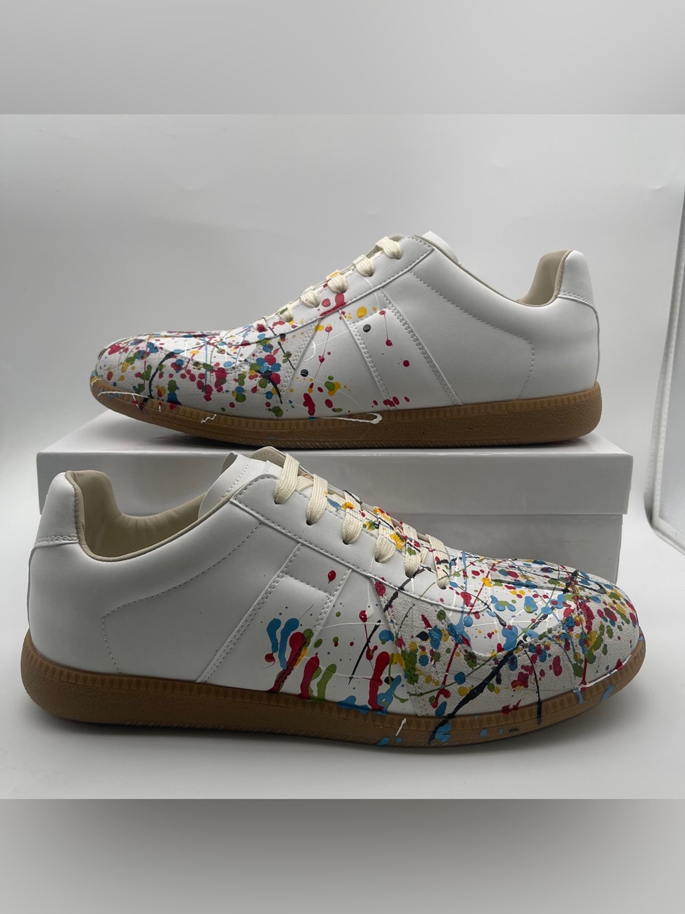 Maison Martin Margiela White Leather Sneakers with Multicolor Paint Splatter
